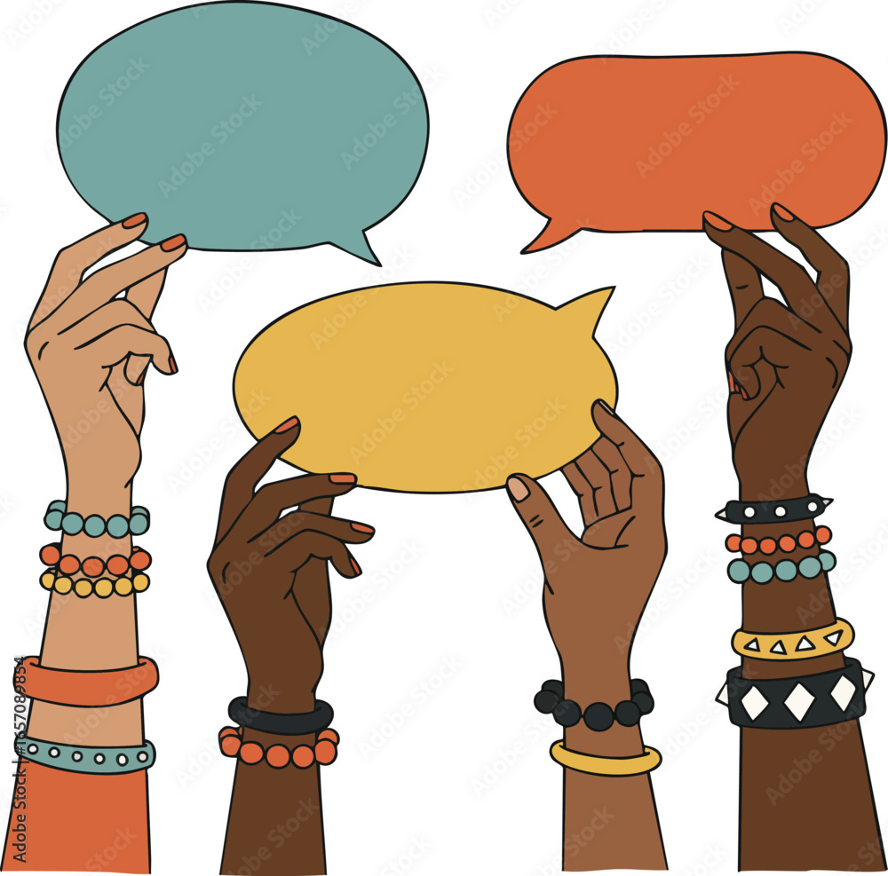 Poster Diverse hands holding colorful speech bubbles symbolizing communication and dialogue in vector illustration 