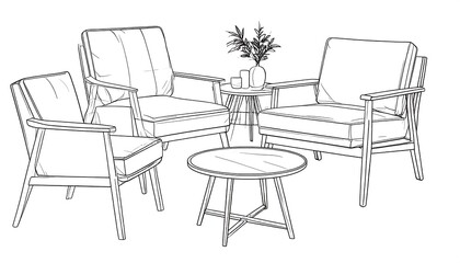 Outline drawing of mid-century modern seating arrangement
