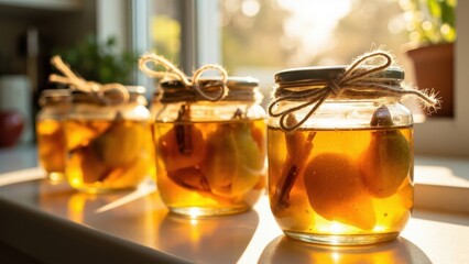 Four small jars of canned pears and spices on a white windowsill in the kitchen in the bright sun with beautiful shadows, healthy food and homemade preparations