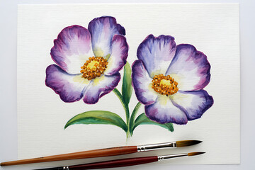 Watercolor painting of two purple and white flowers with paintbrushes on a white background sheet paper