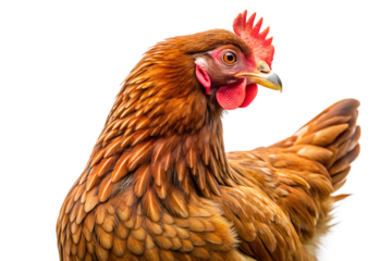 A closeup portrait of a brown hen with a red comb and wattle, isolated on transparent background