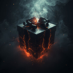 Stunning black gift box with glowing cracks and bow, perfect for mysterious and exciting occasion