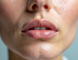 Fototapeta premium Close-up of dehydrated lips and skin texture. Shows dryness, cracked appearance, flaking, and wrinkles. Illustrates common skin problems and need for hydration treatment and care for healthier look.
