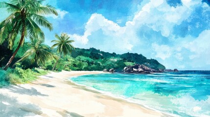 Fototapeta premium beach with beautiful palm trees, in daylight, painted with watercolor generative ai