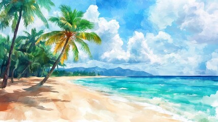 beach with beautiful palm trees, in daylight, painted with watercolor generative ai