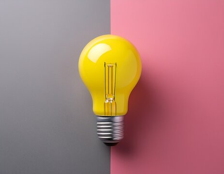 yellow light bulb on pink and gray background concept of idea creativity and innovation