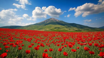large mountain surrounded by red carnations generative ai