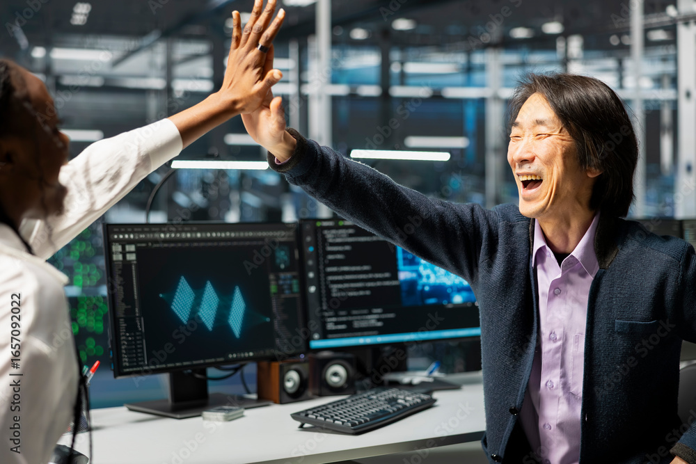 Poster overjoyed engineers in data center celebrate successfully installing server systems with ai. delight