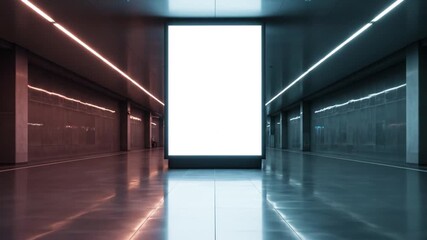 Empty Modern Tunnel Corridor with Reflective Floor and Bright Backlit Entrance - Powered by Adobe