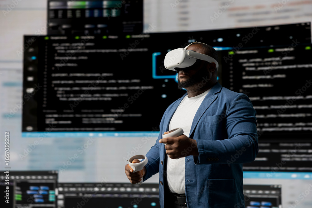 Poster black professional engineer engaging in virtual reality with glasses, focusing on system development
