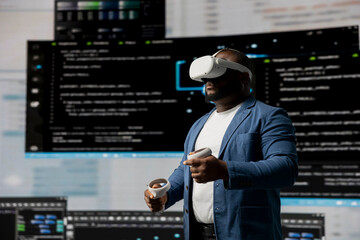 Black professional engineer engaging in virtual reality with glasses, focusing on system development. Utilizing code on terminal window to debug and design new software. IT career.