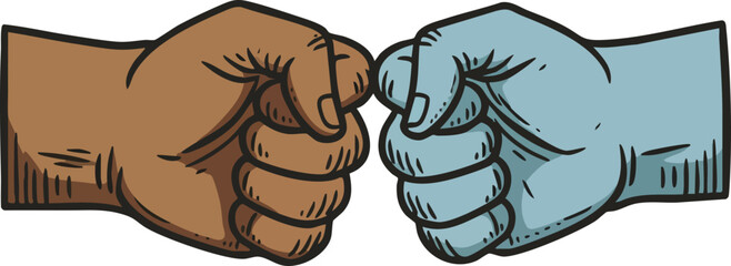 Naklejka premium Two hands fist bumping in gesture of unity and friendship with brown and blue skin tone vector illustration 