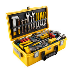 Bright yellow toolbox filled with various metal tools and equipment isolated on transparent background