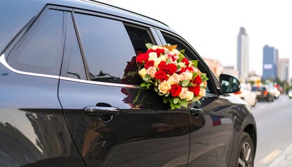 Bouquet of roses displayed in a car window.