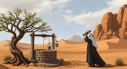 Vector art of man in traditional arab clothing look at a desert well