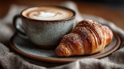 Aromatic morning breakfast delight with artisanal coffee and croissant