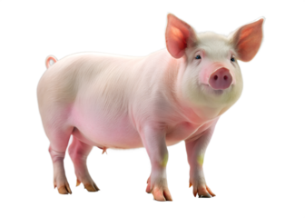 A healthy, pink piglet standing in a bright studio setting, isolated on a transparent background, with its ears perked and looking towards the camera