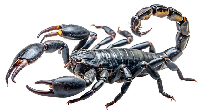 A detailed closeup studio shot of a black scorpion with its claws raised and tail curled, isolated on a transparent background, showcasing its menacing appearance and segmented body
