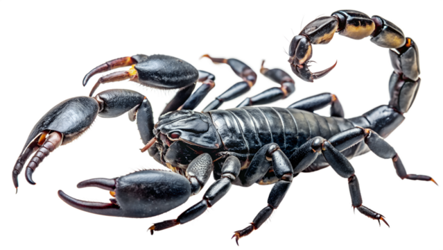 A detailed closeup studio shot of a black scorpion with its claws raised and tail curled, isolated on a transparent background, showcasing its menacing appearance and segmented body