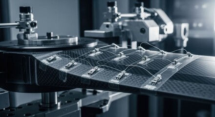 Detailed image showing strain gauges attached to carboncomposite helicopter rotor blade during automated fatigue testing process.