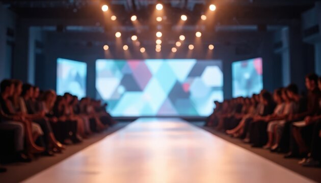 Empty fashion show catwalk with audience seated on sides under dramatic spotlights. Large screen displays abstract geometric pattern. Elegant, modern fashion event atmosphere with blurred background.