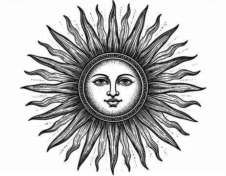 Sol com rosto humano em estilo xilogravura popular