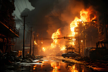 Explosive fires engulf city streets as smoke fills the night sky during a catastrophic event