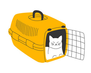 Cat inside transparent plastic pet carrier. Vector illustration for pet travel, pet shop, animal advertising