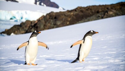 Obraz premium Two Gentoo penguins stride across pristine white snow, wings outstretched against a backdrop of icy mountains.