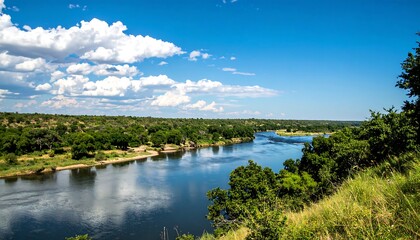Fototapeta premium River winding through a lush green landscape under a vibrant blue sky.
