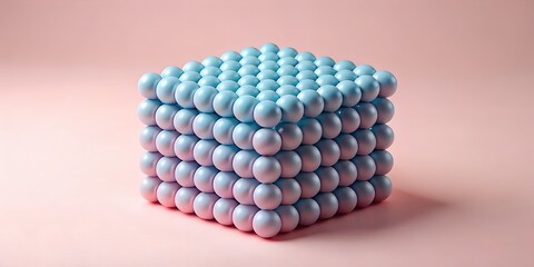 A minimalist 3d render of a cube constructed from numerous small, smooth spheres in a gradient of pastel blue and pink, arranged in a precise geometric pattern on a soft pink background