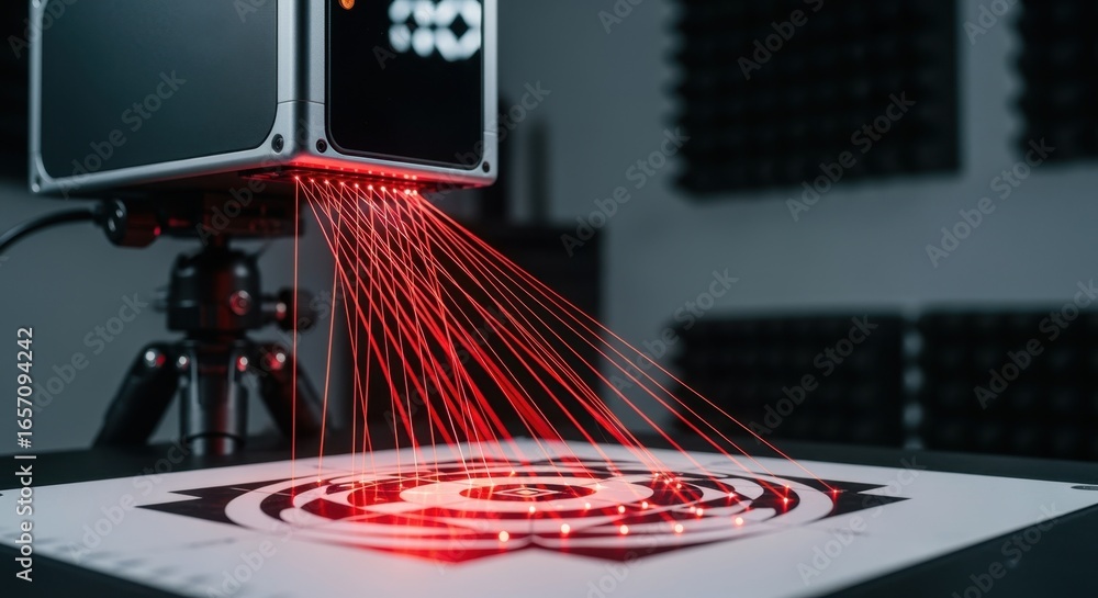 Poster detailed view of laser beams emitted from a lidar device as it scans a patterned calibration target 