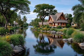 Obraz premium Lush riverbank lined with native flowers high resolution picture