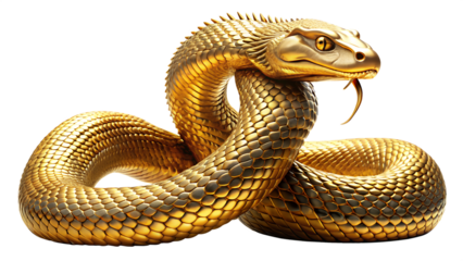 A majestic golden cobra coiled and ready to strike, its scales shimmering with metallic luster, isolated on a clean transparent background, symbolizing power and luxury