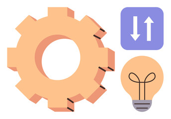 Gear symbolizing process, lightbulb for innovation, and arrows for direction. Ideal for technology, productivity, brainstorming, strategy, teamwork, growth innovation in a simple flat metaphor