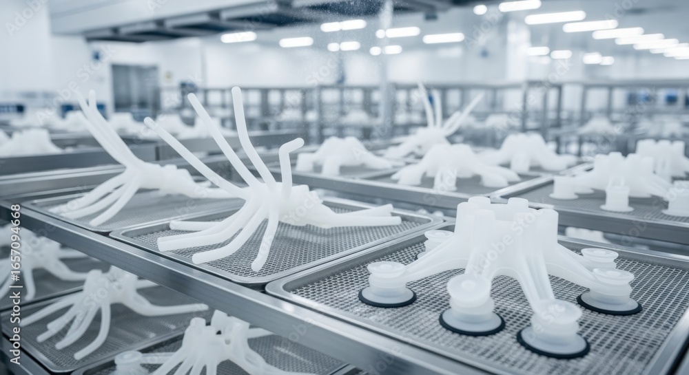 Poster hightech cleanroom with rows of siliconecast soft robotic grippers drying on racks under filtered ai