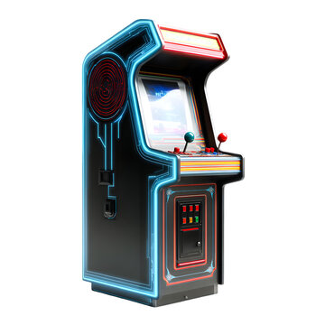 Classic vintage arcade game machine with glowing blue neon lights isolated on transparent background
