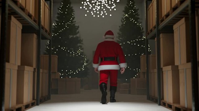 Santa Claus Walking in a Warehouse Full of Christmas Presents
