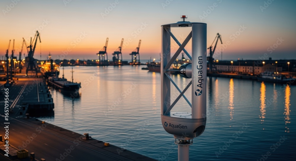 Poster verticalaxis windturbine nacelle on a dock with backdrop of a calm harbor blending renewable tech an
