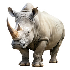 Fototapeta premium A powerful rhinoceros standing on a transparent background, showcasing its thick skin and prominent horn, isolated on transparent background