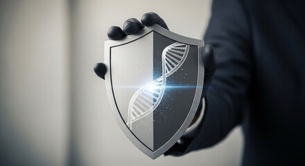 Person holding a shield with a dna strand design in front of a blurred background in a studio setting