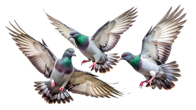 Three pigeons flying together with their wings spread, isolated on transparent background