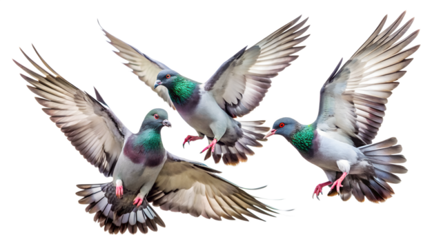 Three pigeons flying together with their wings spread, isolated on transparent background
