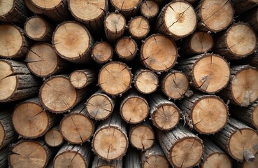 Top view of stacked wood logs with sepia tone. Rustic natural timber features distinct grain patterns, rings. Material shows earthy, grainy texture with rough, fibrous details. Organic surface