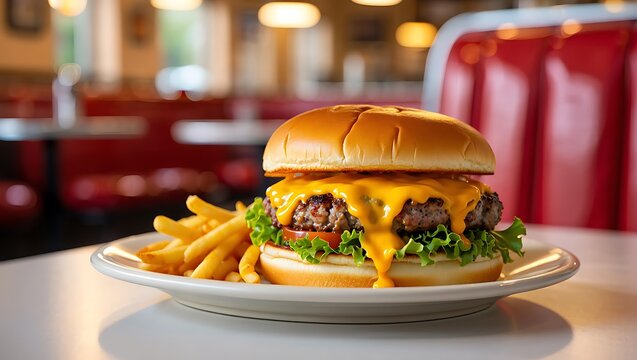 Juicy cheeseburger with melted cheddar cheese and french fries on a plate