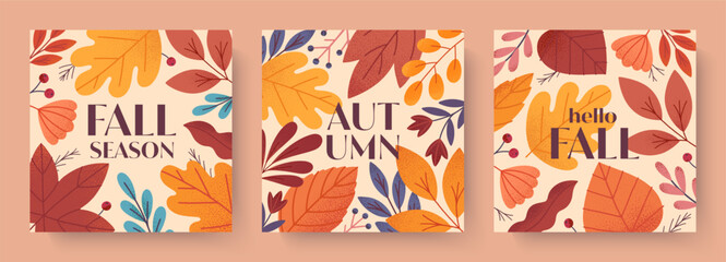 Autumn cards with leaves,berries,foliage and plants.Vector fall season modern illustrations.Trendy autumn templates for prints,ad,social media marketing,branding,packaging,covers.