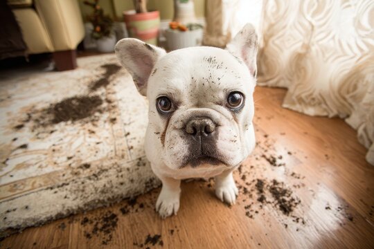Dirty French Bulldog looking guilty after making a big mess inside the house.