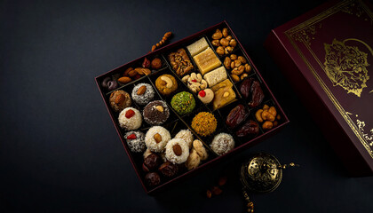 Luxurious Assortment of Middle Eastern Sweets and Nuts in an Elegant Gift Box.