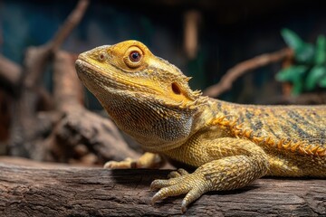 Fototapeta premium Close-up of a vibrant yellow bearded dragon resting on a textured wooden log