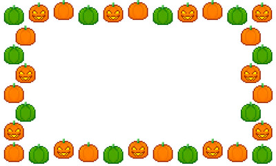 Halloween Frame, Pixel Art Pumpkin Orange and Green Halloween Border, Digital Frame for Party Invitation, Poster Design, Greeting Card and Print